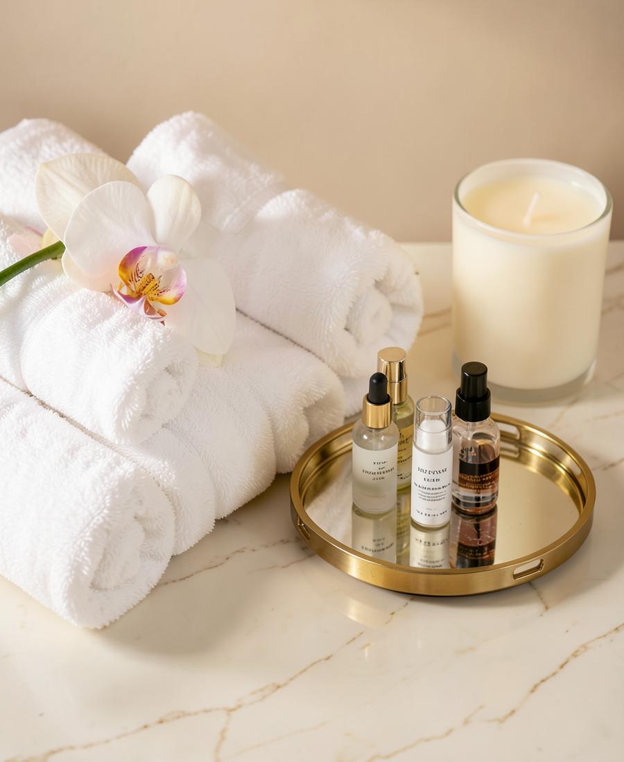 Opgerolde witte handdoeken met orchidee en gouden dienblad met serums