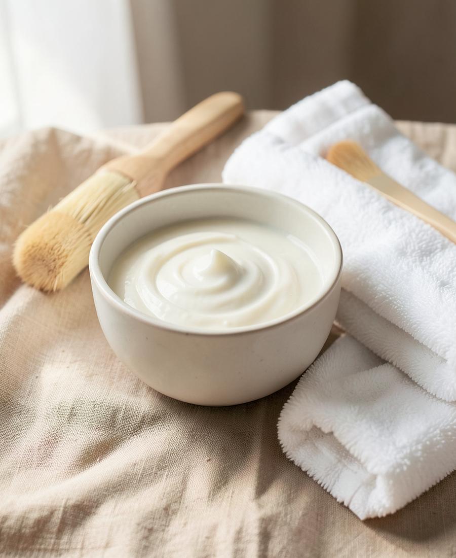 Crèmemasker in een keramisch schaaltje met zachte kwast en witte handdoeken