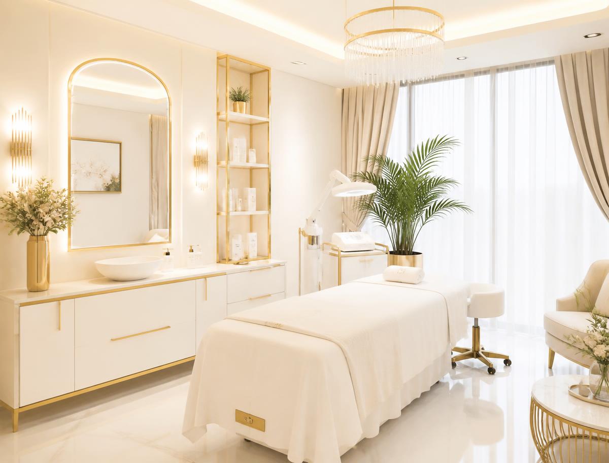 Lichte en luxe salonruimte met gouden accenten