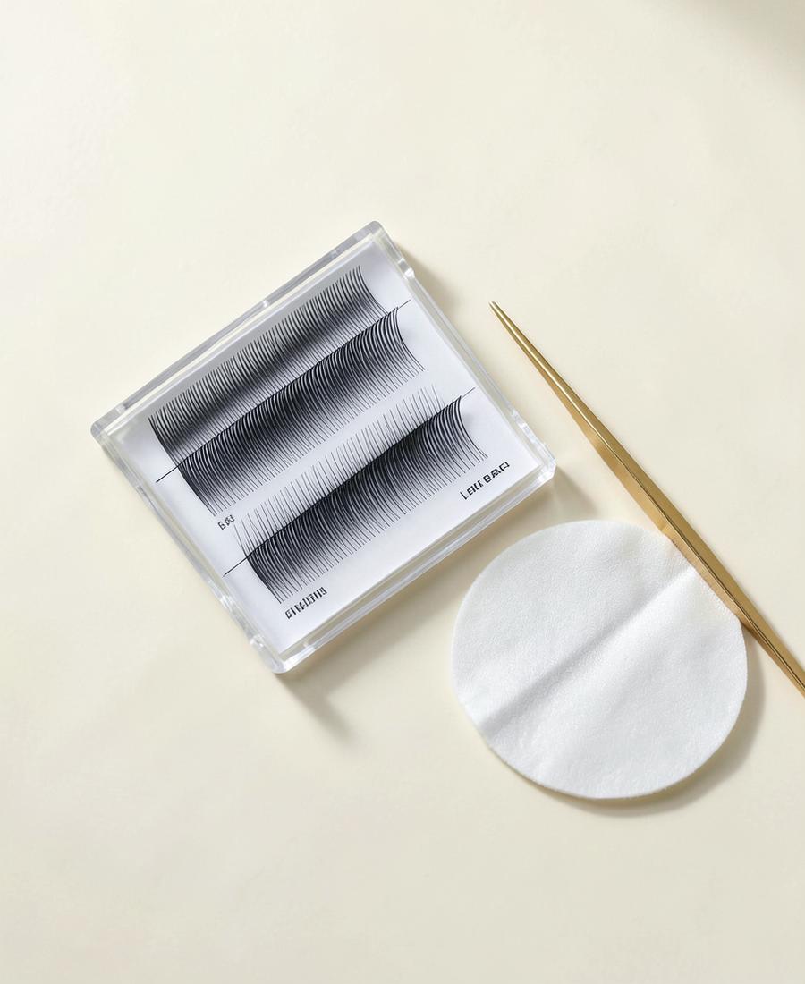 Wimperbehandeling met gouden pincet op crèmekleurige achtergrond